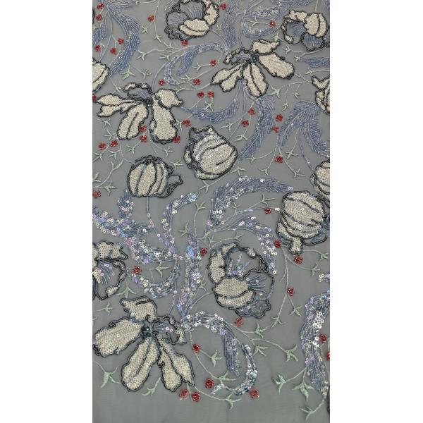 Mesh Ground Leafy Sequins Lace Fabric for Elegant Breathe Dinner Gowns Shining Fabric