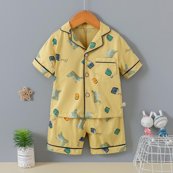 Quality Green Dinosaur Button Up Short Pajama Set Breathable Cardigan Soft Touch Pyjamas for sale