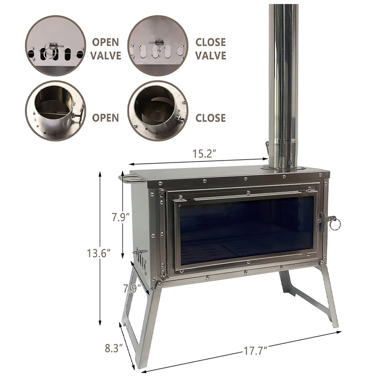 Outdoor Patio Camping BBQ Party Portable Stainless Steel Wood Burning Camp Stove with Chimney Pipes