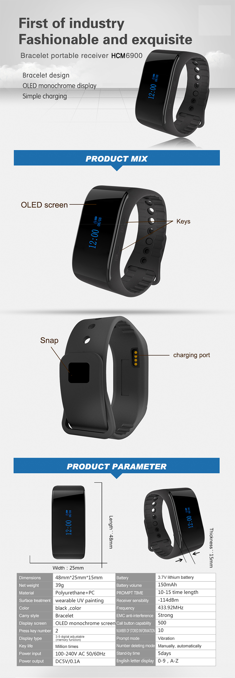 High quality wireless calling equipment with full waterproof wrist watch and a host keyboard