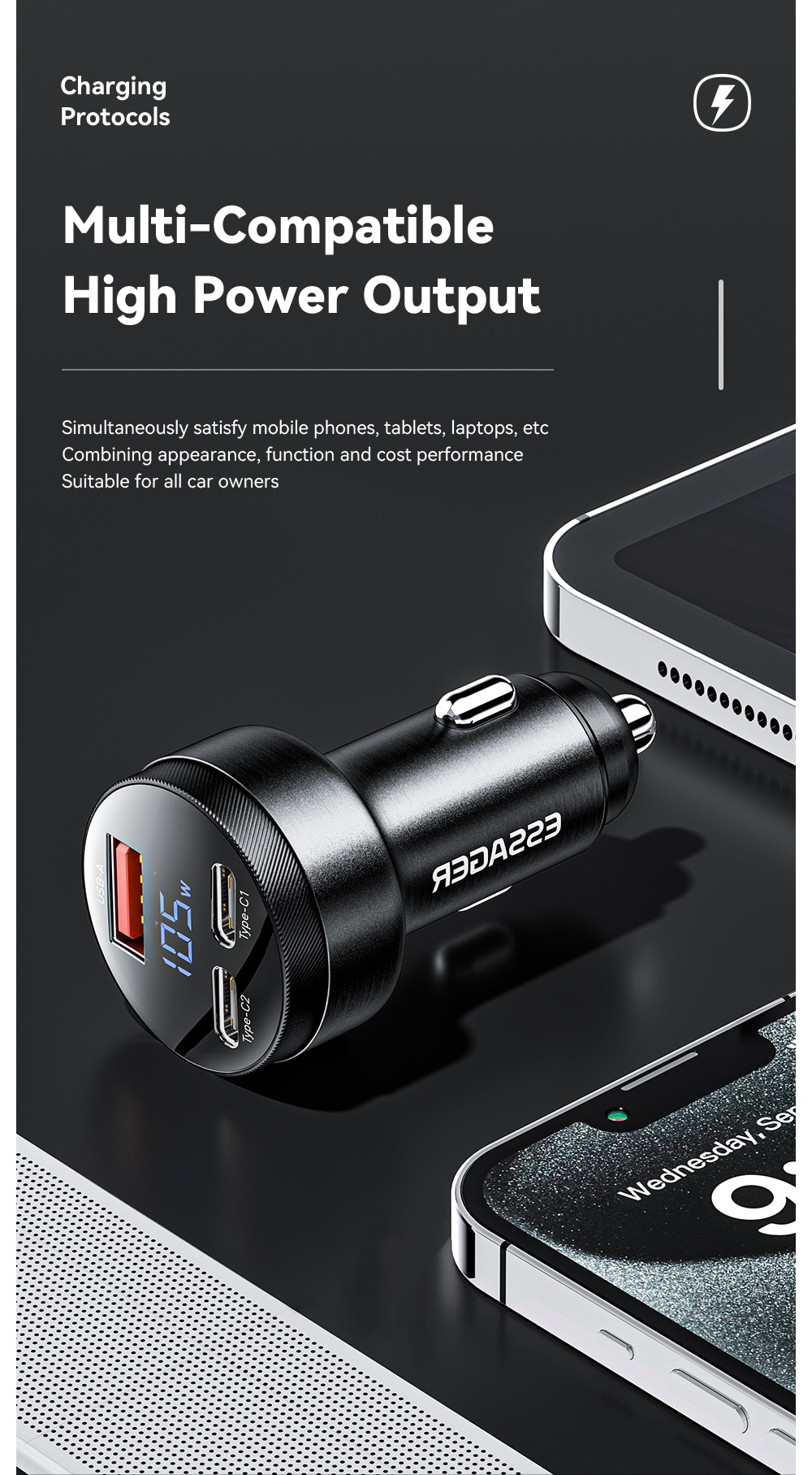 ESSAGER FSJ-008 105W 3 Ports Fast USB Type C Car Charger With Digital Display
