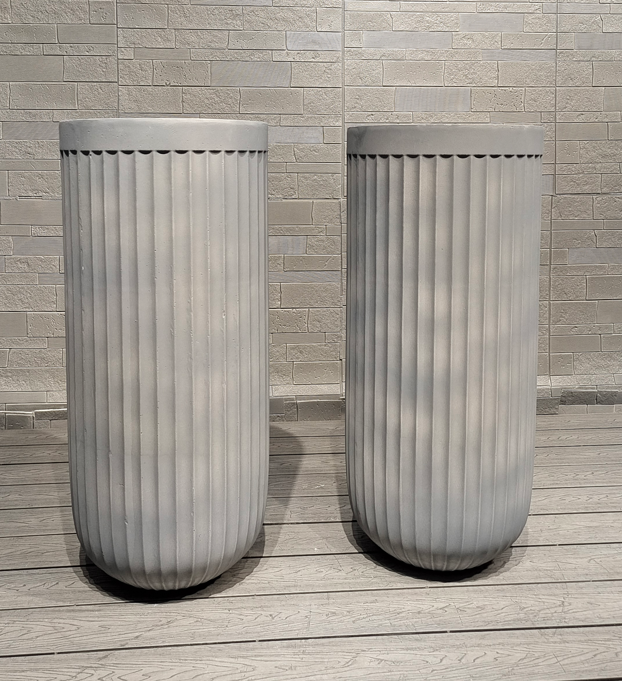 Tall Cool-toned Gray Linear Dimension Round Fiber Clay Planter Deluxe Decoration Project