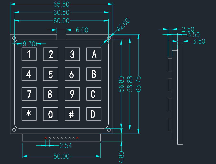 4 * 4 Matrix Industrial Plastic Computer Keyboard 16 Key USB /R232 Interface Connecter
