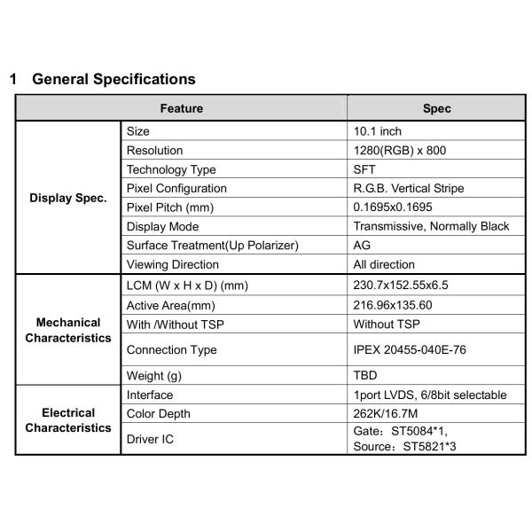 Tianma Original 1280x800 Industrial TFT LCD Display Module 10.1 Inch TM101JDHG40-00