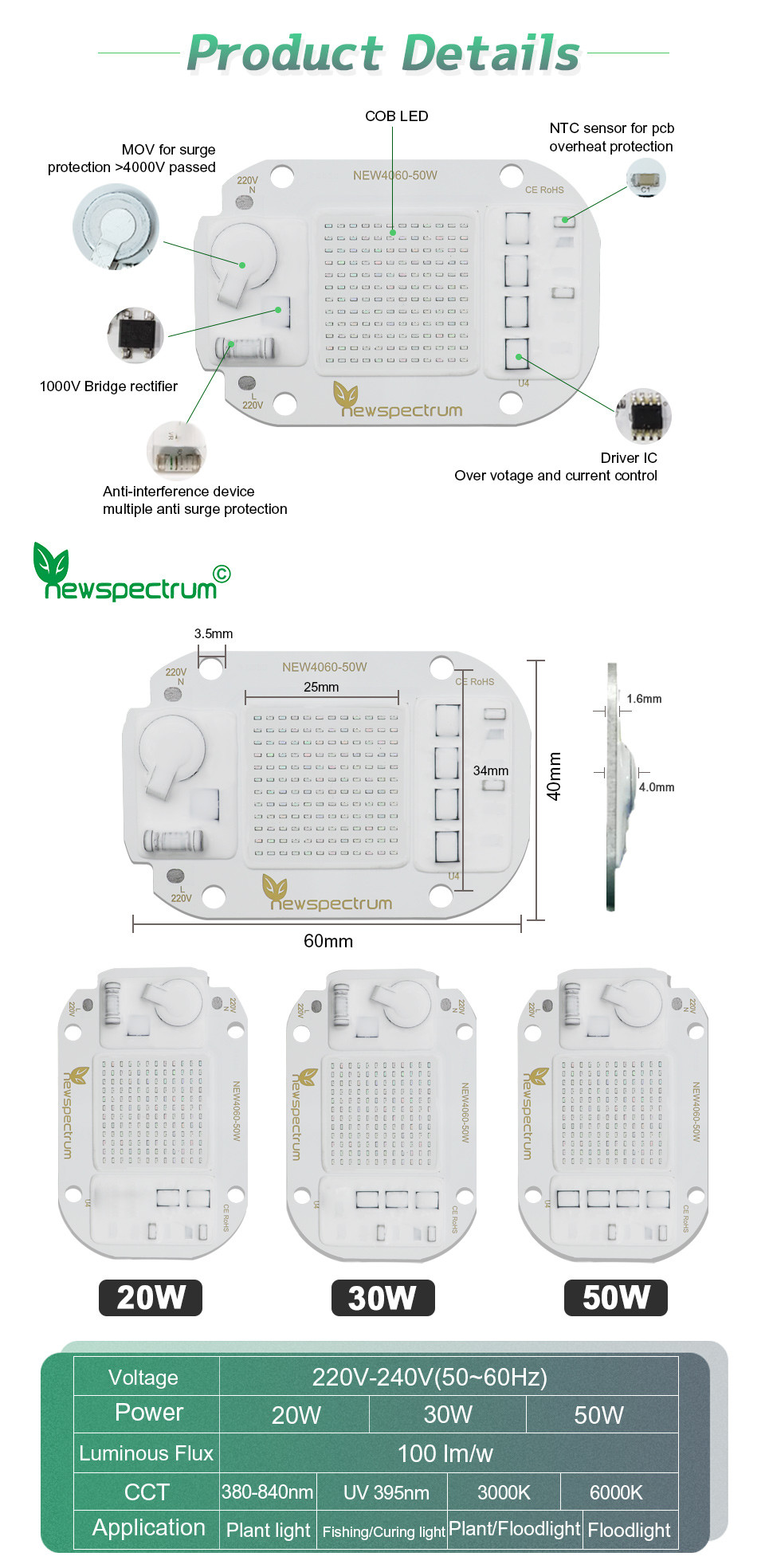 50w High Power UV LED Module AC 220V No Welding For UV Glue Curing