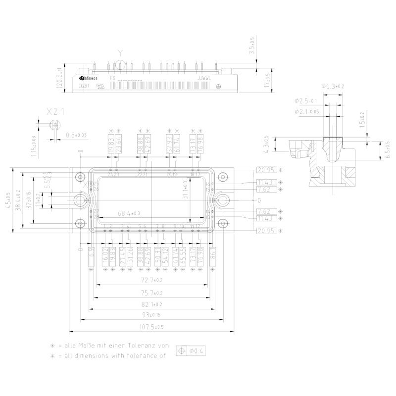 FS75R12KT3 1200V 75A IGBT Module Trenchstop IGBT3 Fast EmCon Diode Sixpack Configuration Integrated NTC Low Inductance High Power Density EconoPACK™2