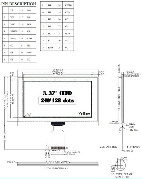 3.37 Inch PMOLED Display Module , 240*128 Resolution, 15 Pins 3/4-Wire SPI Interface, Driving IC SSD1322