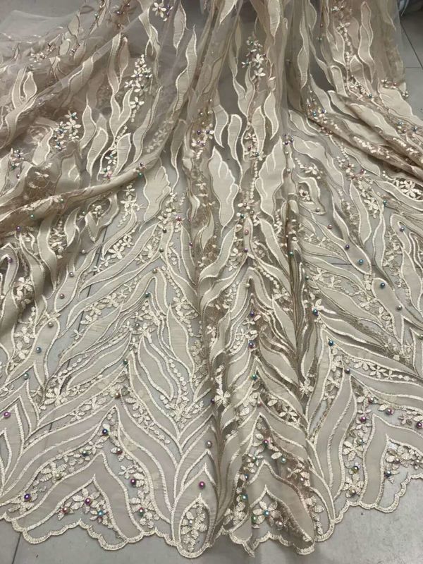 Beaded Embroidered Lace Fabric , 3D Flower Lace Mesh Fabrics For Evening Gowns