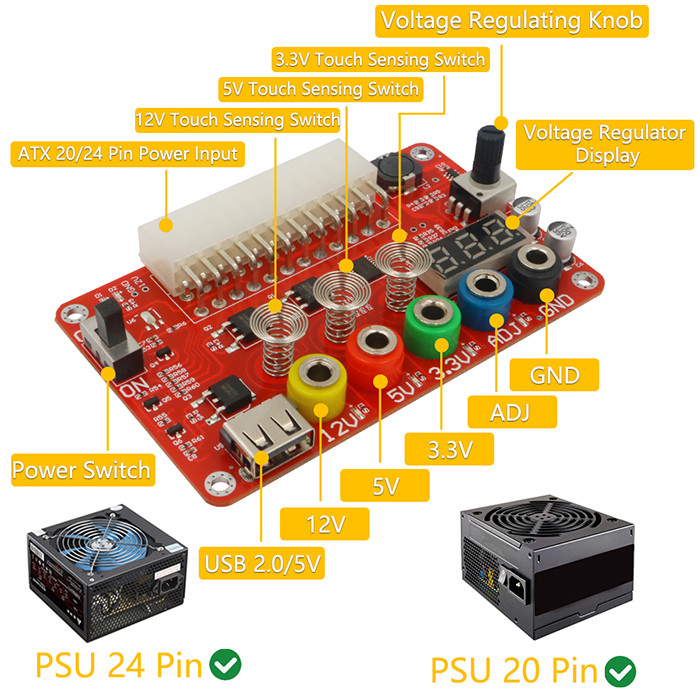 ATX Power Supply Breakout Board Case Kit With ADJ Adjustable Voltage Sensor Switch
