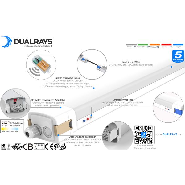 DUALRAYS D5 LED Moisture-proof Light with DIP Switchable Power/3CCT 160LPW Efficiency