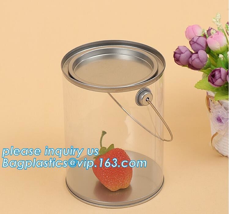 clear PVC PET can for food canning,Customized round clear paint can with tin lid,paint can with tin top & bottom and han
