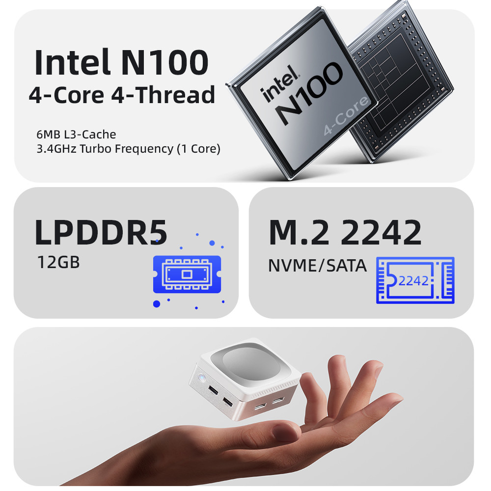 Intel N100 Mini Cube Computer LPDDR5 Dual Gigabit Ethernet RJ45 Mini PC For Home