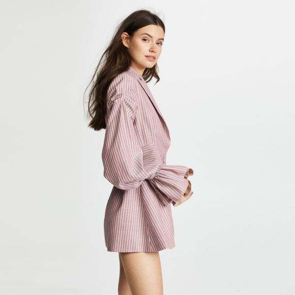 Stripe ballon sleeves V neck blazer mini dress