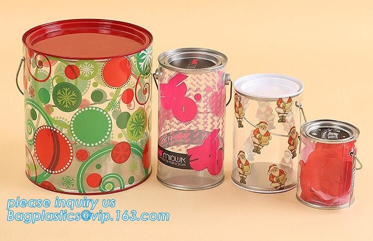 clear PVC PET can for food canning,Customized round clear paint can with tin lid,paint can with tin top & bottom and han