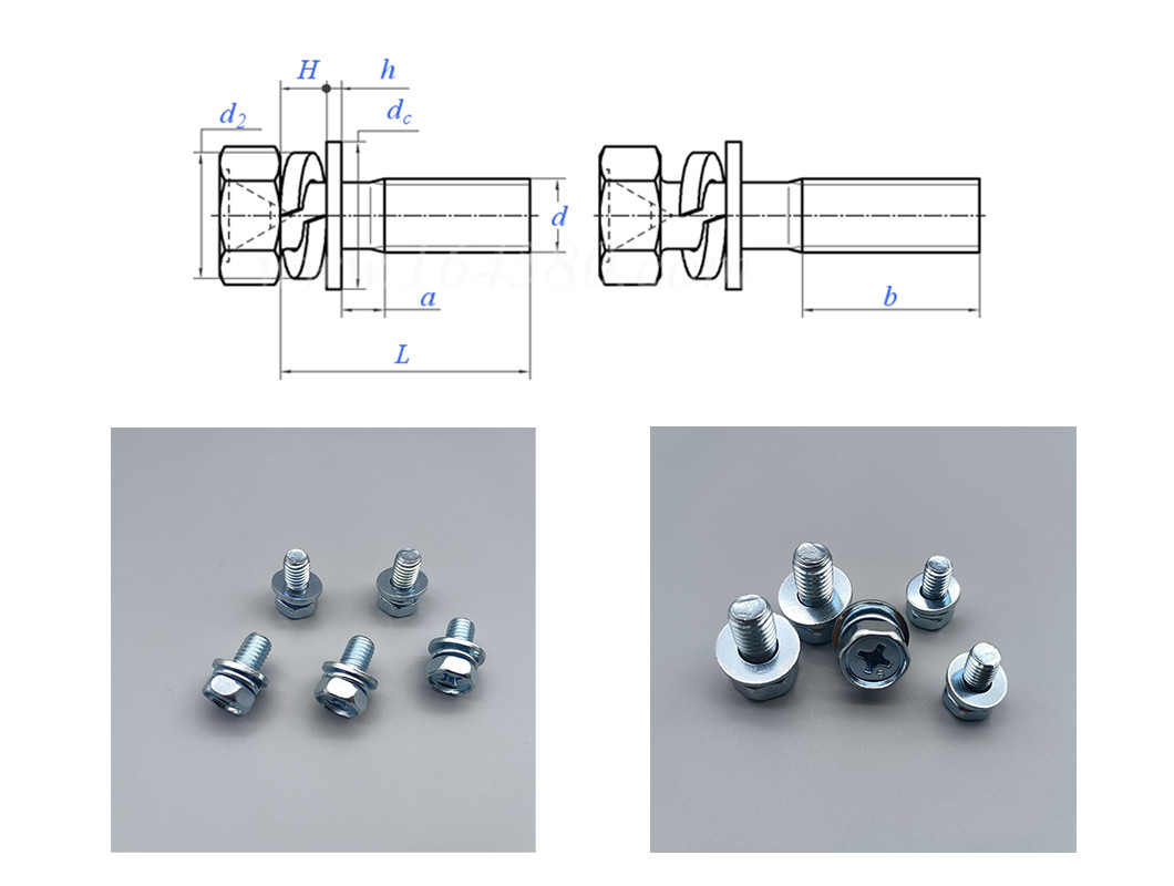 Cross Recessed Blue White Zinc Plated Hex Head Bolt With Spring Flat Washers