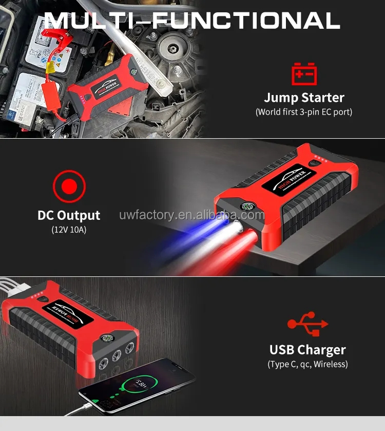Hybrid Inverter Compatible 12V/24V Multi-Function Jump Starter with Air Compressor and 600A Portable Battery Charger