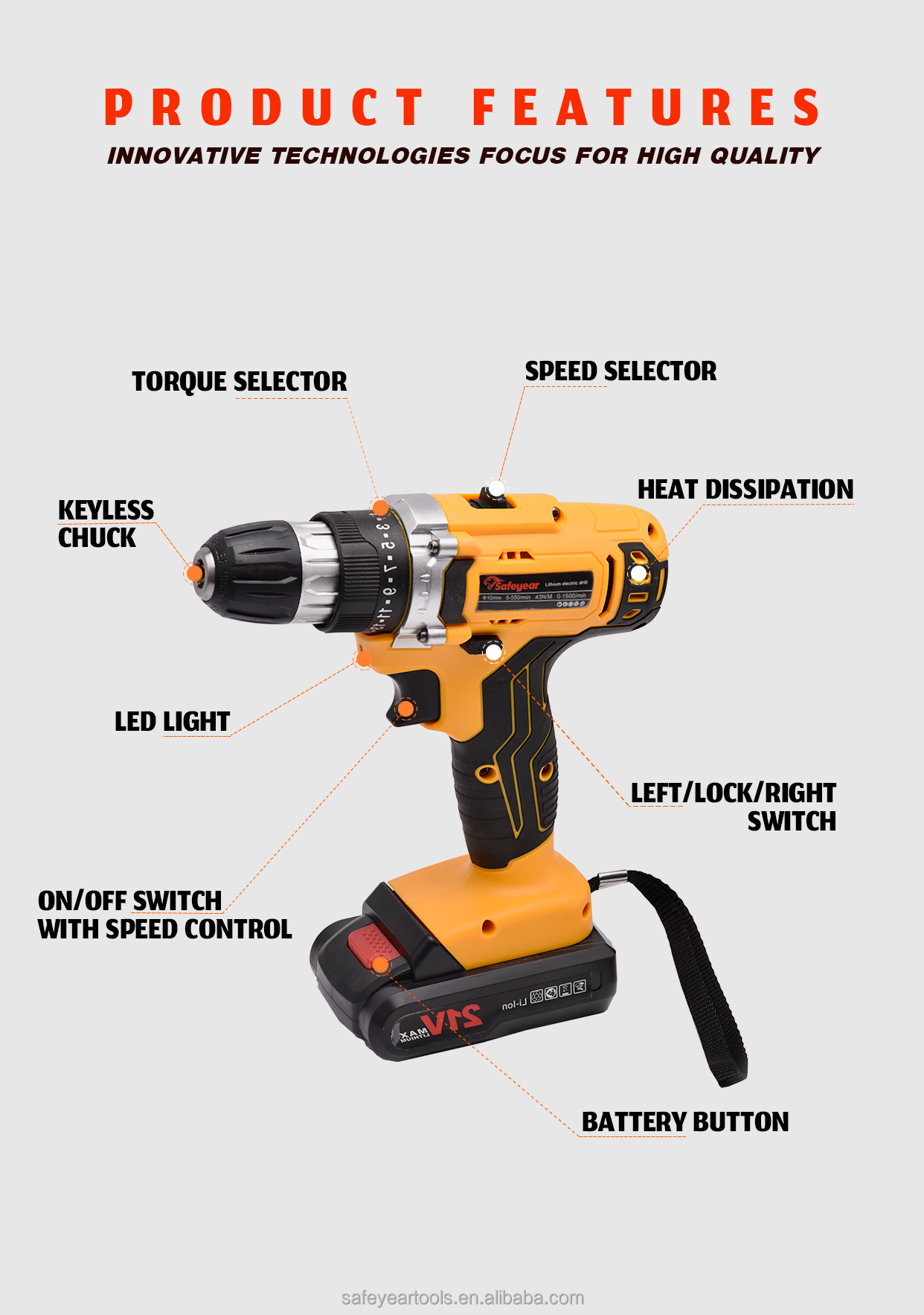 3/8" Cordless Power Drill Tools 21V Variable Speed Electric Impact Drill 1300MAH
