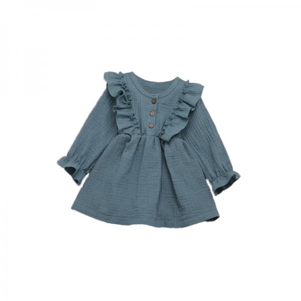Toddler Baby Girls Muslin Cotton Fabric Long Sleeve Ruffle Trim Dresses Above Knee Dresses