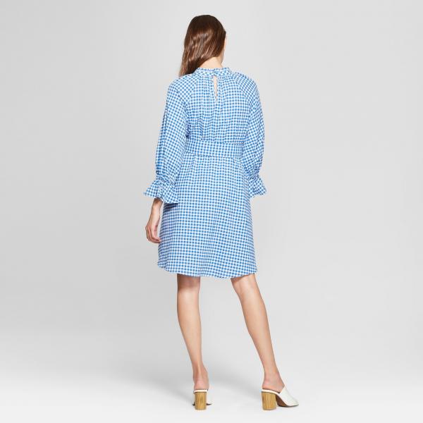 2018 New Design Ladies Long Blouson Sleeve Blue and White Gingham Dress with Belt