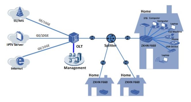 intelligent home network access for VoIP, Internet, DHCP DNS IPTV ZTE ONU F660