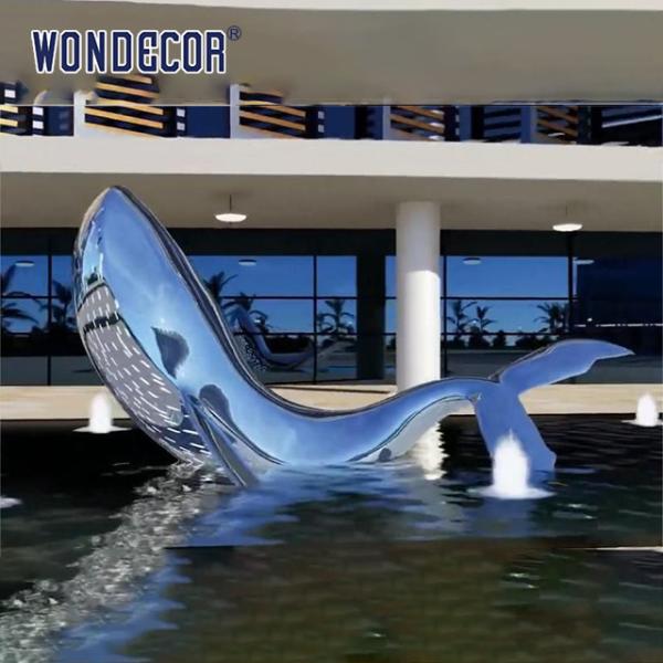 Quality Large Outdoor Metal Art Abstract Marine Animals LED Lights Whale Stainless Steel Sculpture for sale
