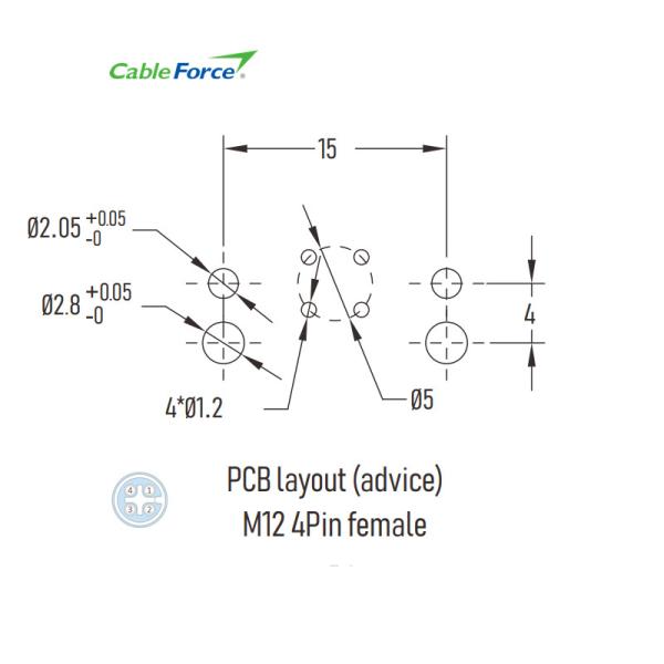M12 4 Pin Female Connector Panel Front Side Fastening With 90 Degree PCB Contacts