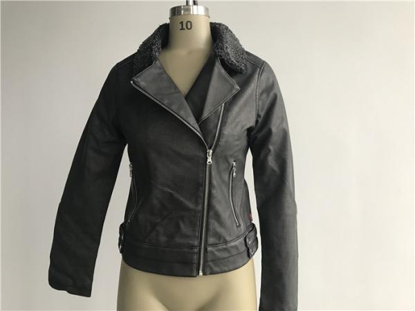 Quality Dark Grey Ladies Faux Leather Jacket With Sherpa Collar S M L XL Size LEDO1725 for sale