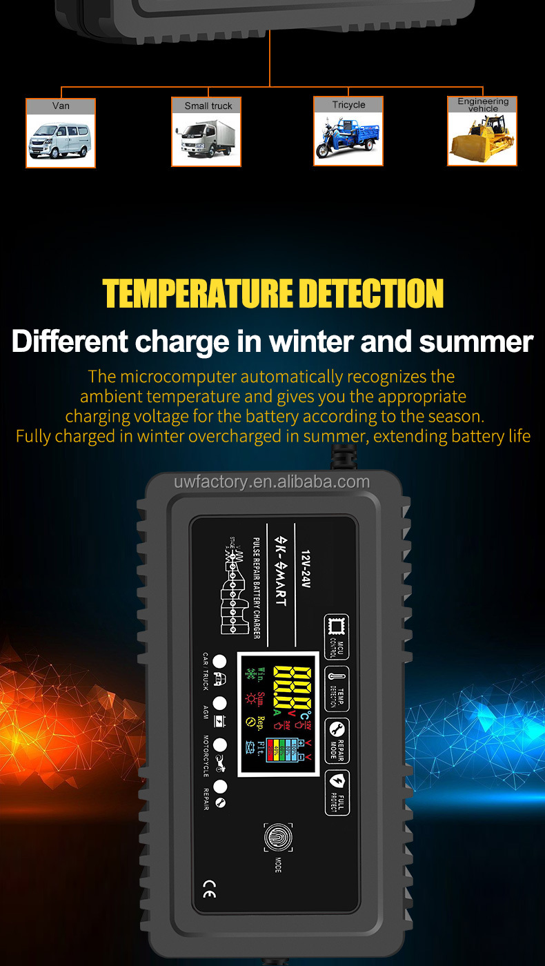 AGM Gel Lead Acid Battery 12V 24V12A Car Battery Charger Intelligent Repair Type Automatic LCD with 90% Charging Efficiency