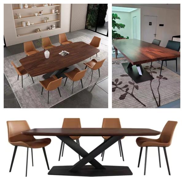 Luxury X Cross Industrial Solid Wood Dining Table With Metal Base Grain Pattern