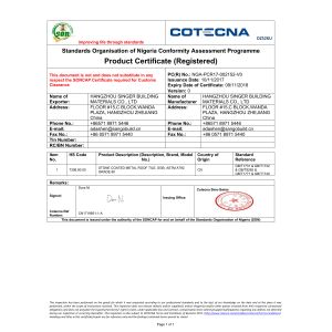 Hangzhou Singer Building Materials Co., Ltd Certifications