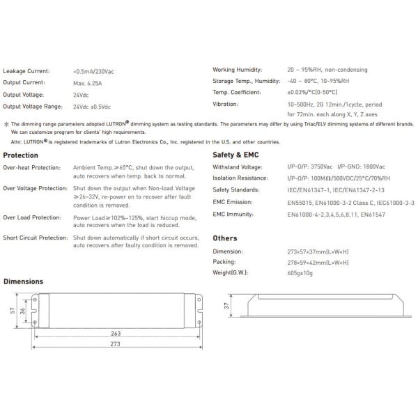 Dimmable Led Driver 100-240V input,DC24V 150W Constant Voltage LED Triac Driver