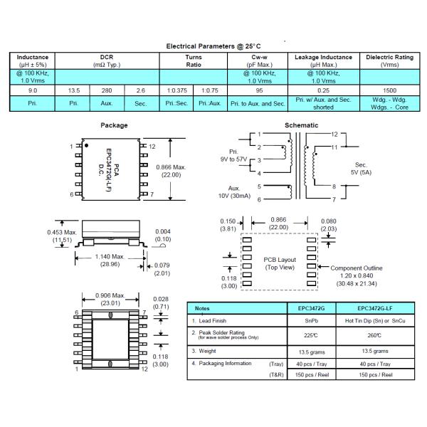 EPC3472G-LF SMPS Flyback PoE Power Transformer 25W Flyback Isolated Inductors Designed to work with Linear Tech. LTC4278