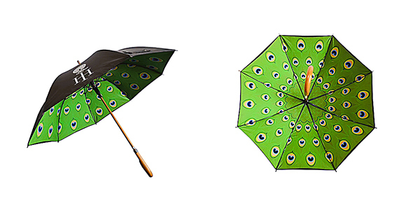 Premium wooden automatic umbrella showing elegant wooden shaft, curved handle, and vibrant inner canopy print