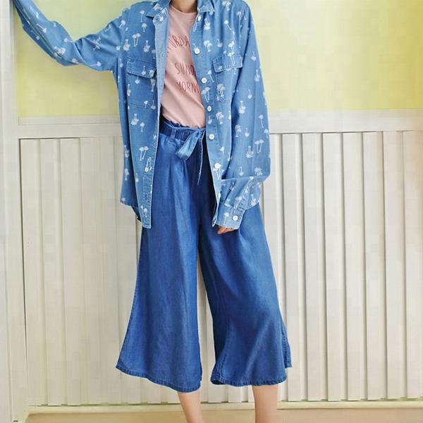 100% Cotton Chambray Long Sleeves Shirt , Loose Fit Blouses For Young Ladies