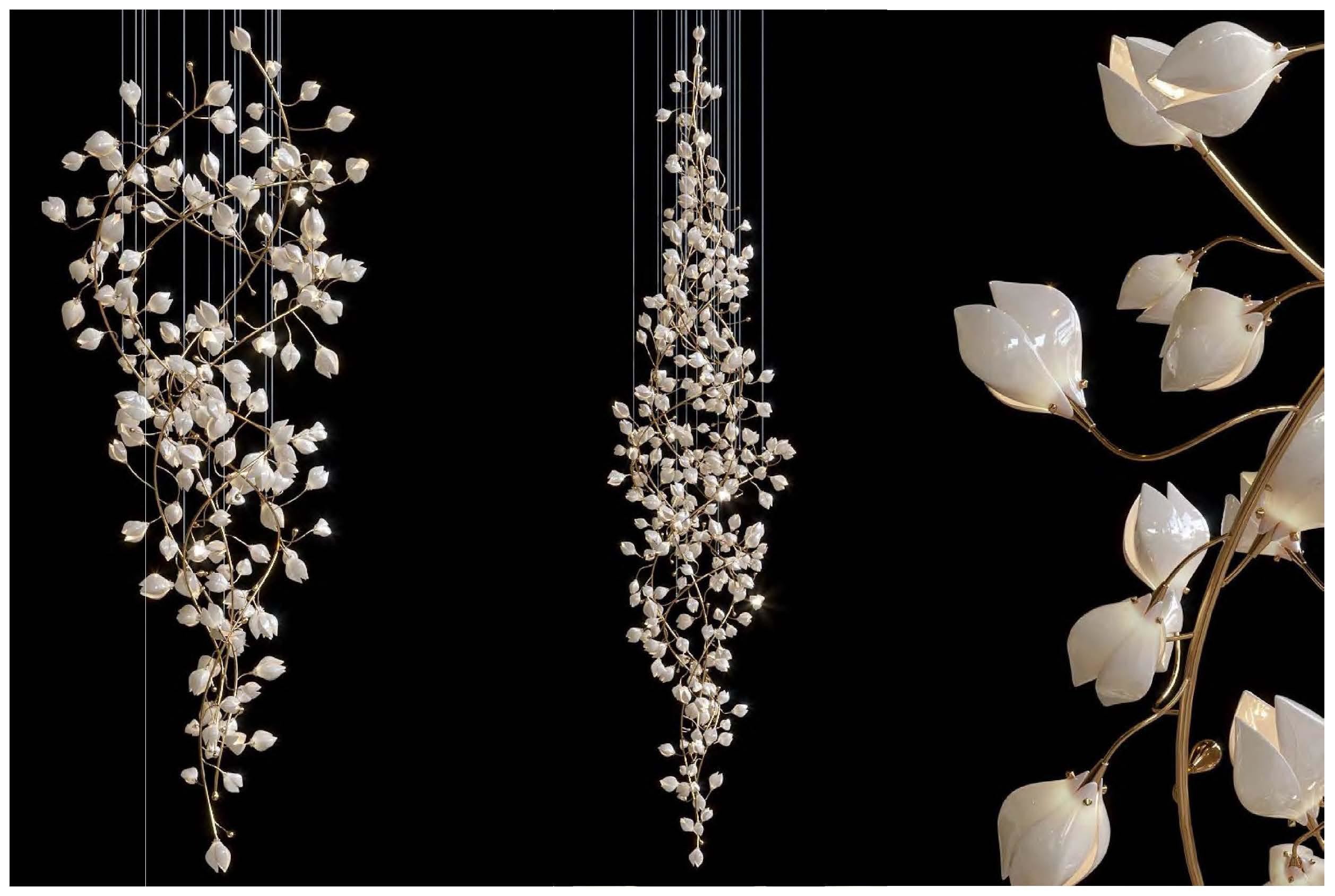 White Magnolia Flower Glass Custom Chandelier For High End Hotel Banquet Hall