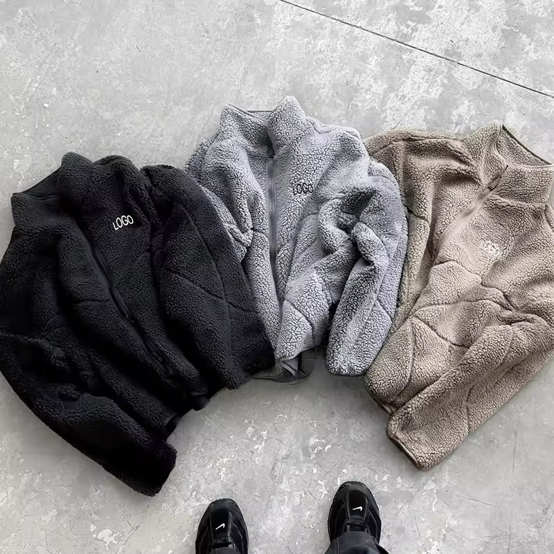 Korean Fashion Oem Custom Streetwear Sherpa Jacket Winter Coat Polar Fleece Warm Embroidered logo Sherpa Jacket Low Price