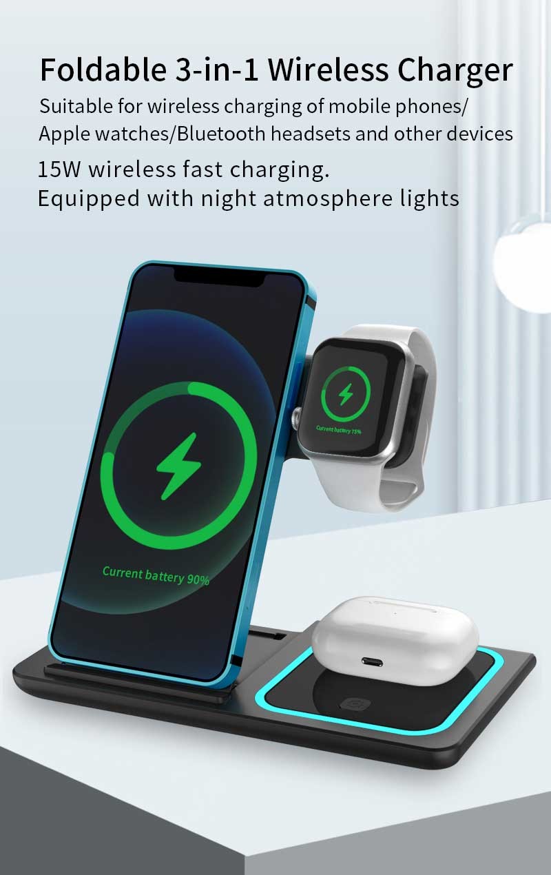 Foldable 15W Fast Wireless Charging Stand For Apple Watch Airpods
