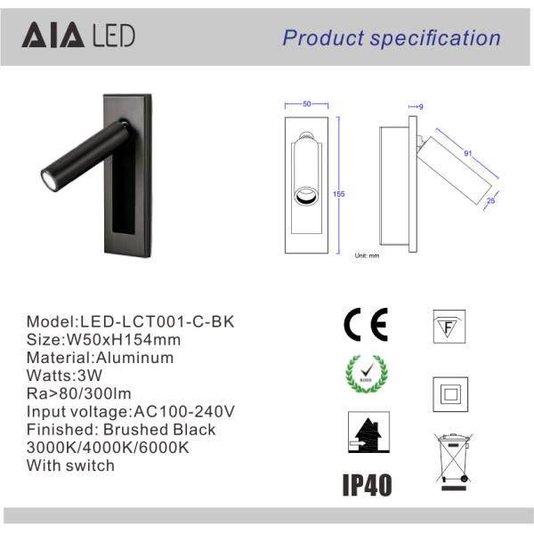 Adjustable recessed led reading light/led headboard wall light led bedside wall light for hotel