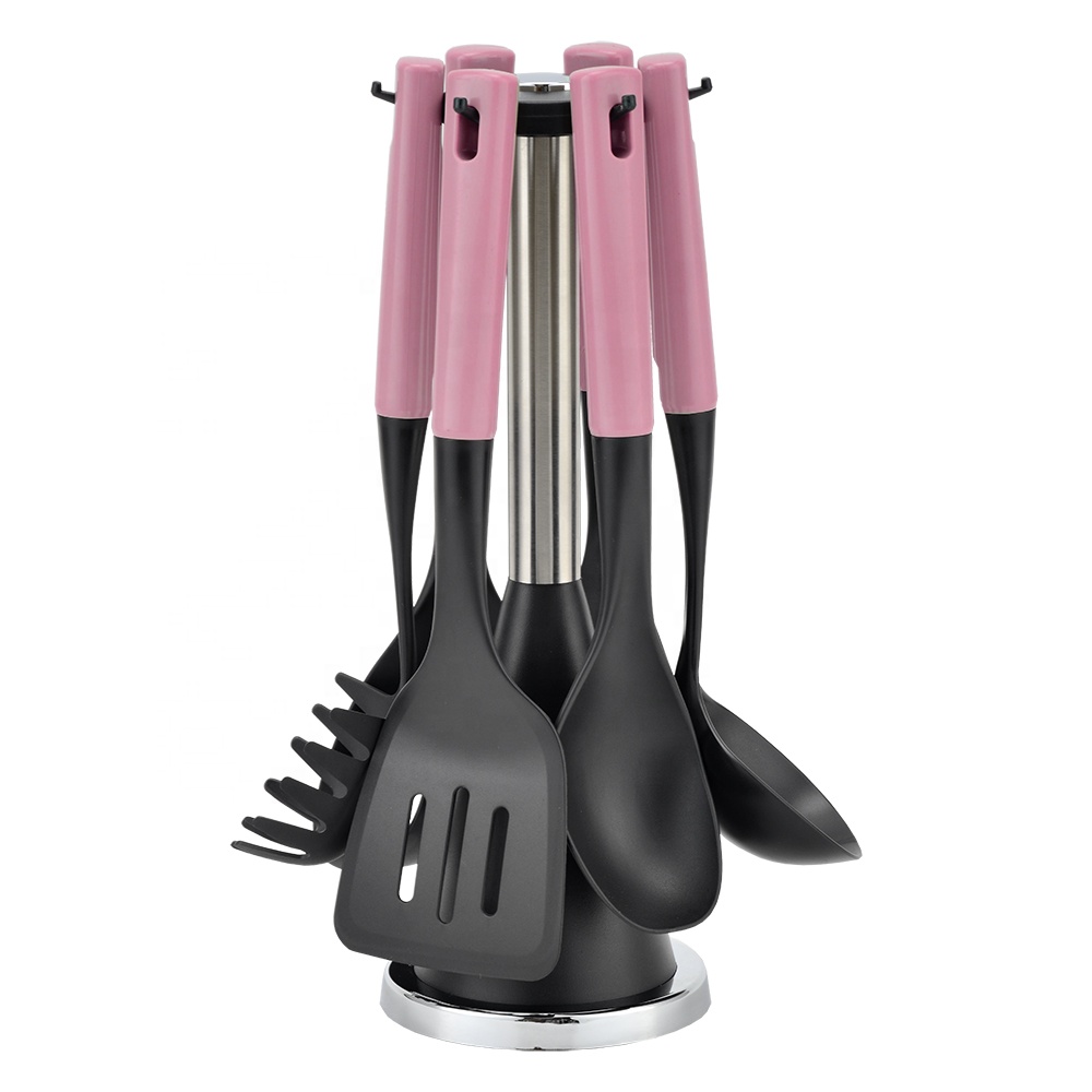 7-Piece Plastic Kitchen Utensils Set with Colorful Handle ABS and Wooden Effect Material