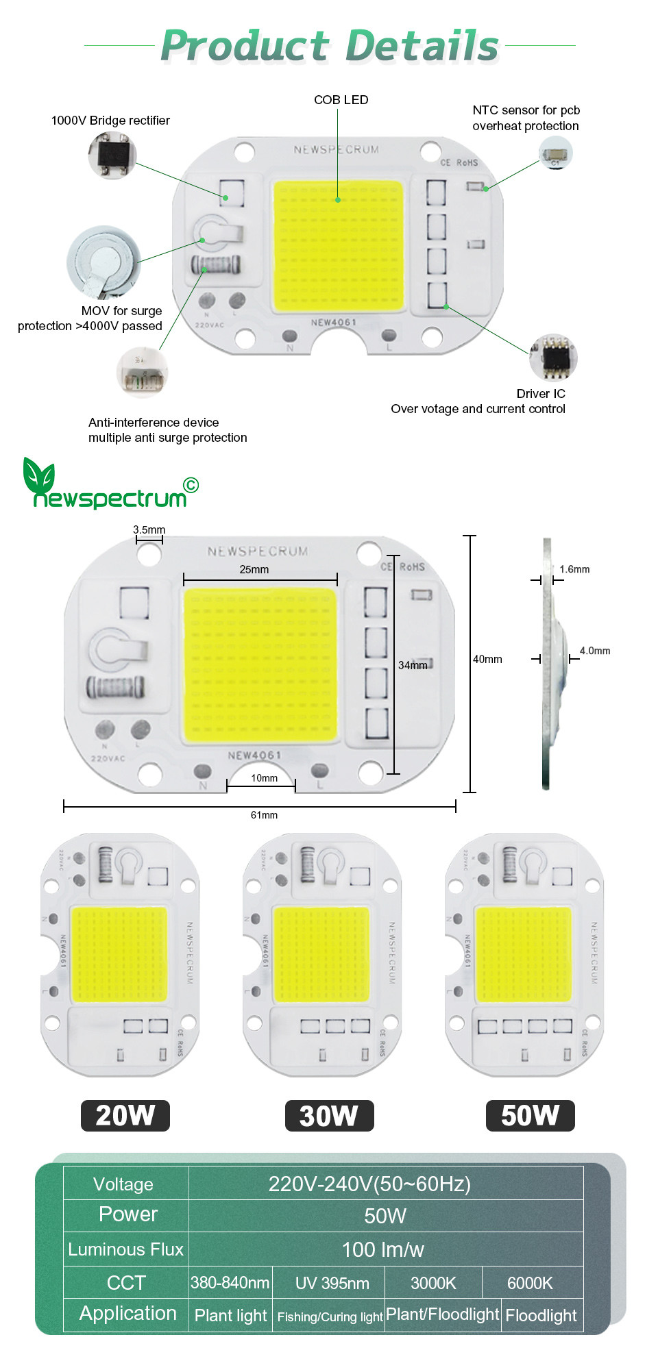 220V UV LED Module Reliable Consistent Cob Led 50w For Rple Light Sterilization