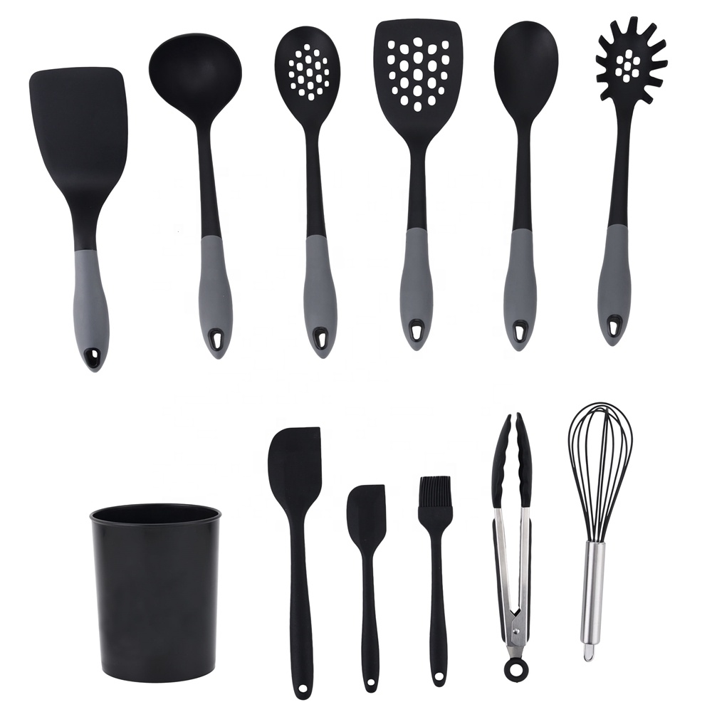 Silk Printing or Debossed Logo 12PCS Silicone Kitchen Utensils Set with Plastic Holder