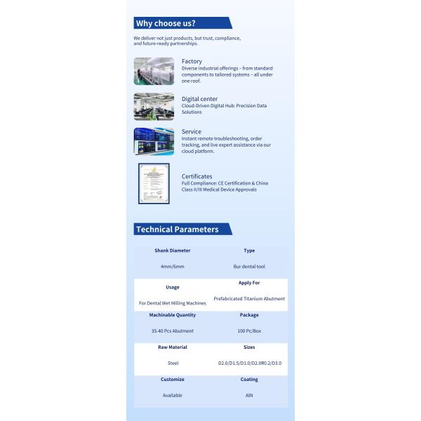 CNC Titanium Axis Dental Burs Tungsten Steel Multi Flute Helical Groove Diamond Burs