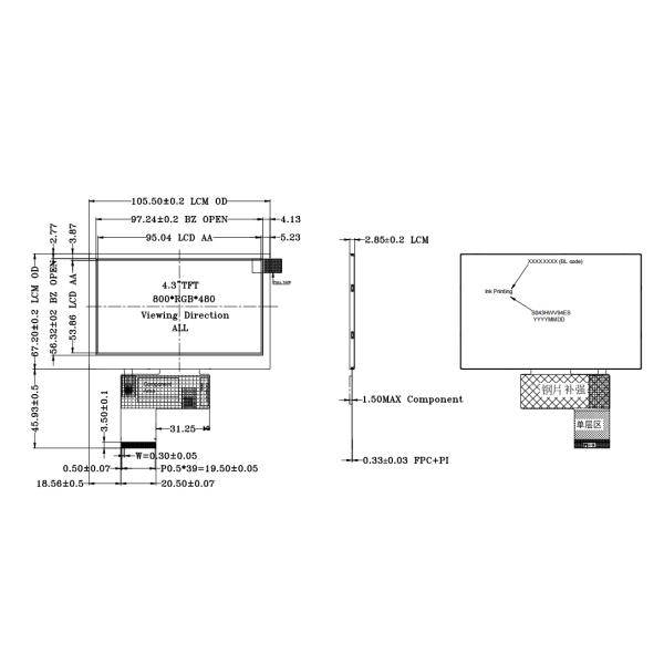 RGB Interface 4.3 Inch LCD Display 1000nits 800*480 High Brightness TFT LCD Module