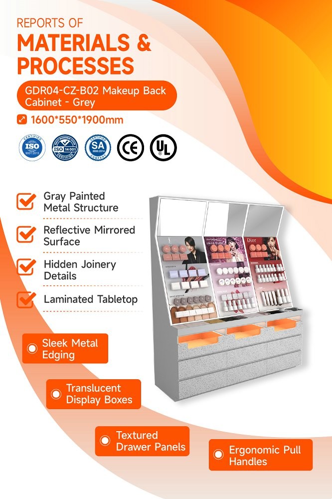 GDR04-CZ-B02 Makeup Display Rack with Grey Melamine Board and LED Strip Lights for Cosmetic Retail Stores