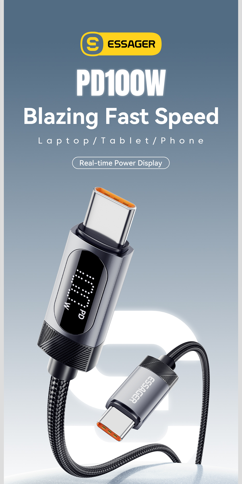 ESSAGER ES-X64 Series 60W 100W LED Display USB Type C Charging Cable
