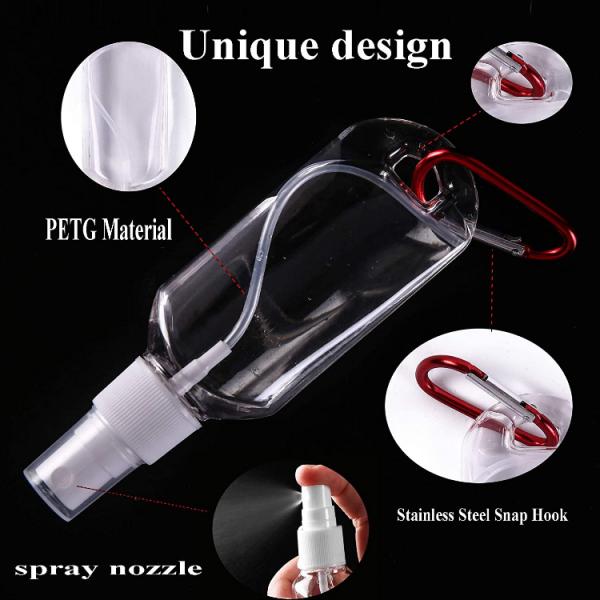 Plastic 60ml Empty Hand Sanitizer Bottle PET Spray Travel With Carabiner
