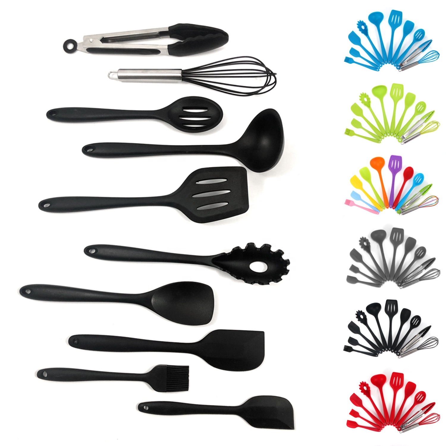 Silk Printing or Debossed Logo 12PCS Silicone Kitchen Utensils Set with Plastic Holder