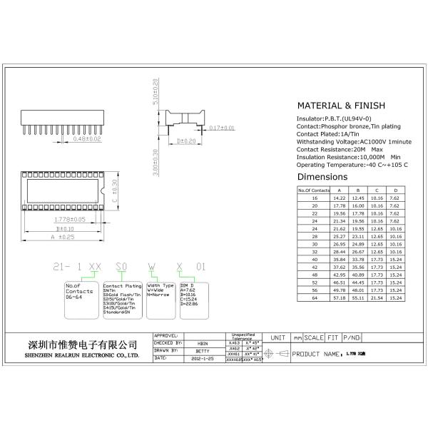 15.24 Row PBT 52P Ic Socket UL94V-0 Female Header Connector