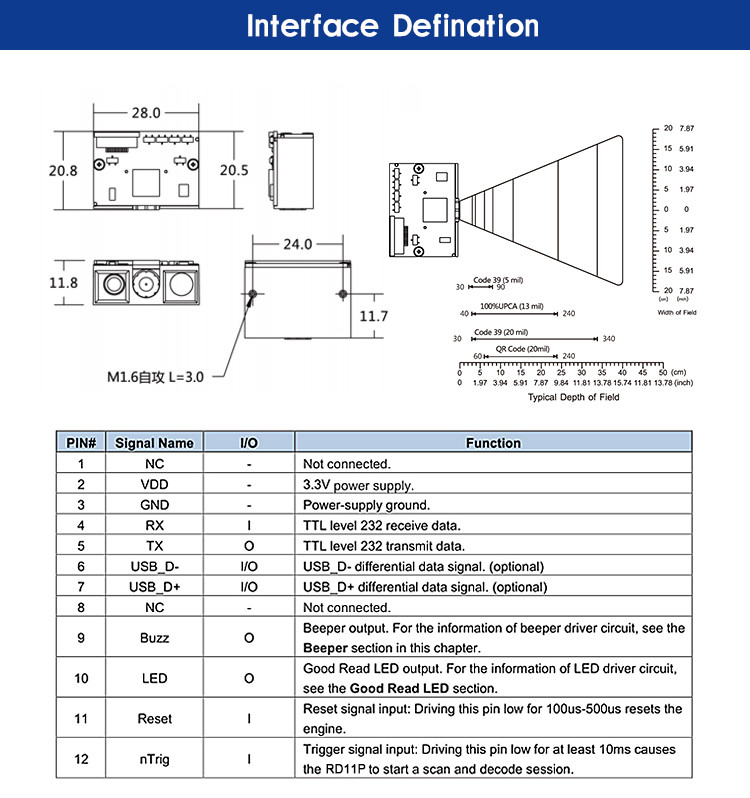 RD11P mini size QR code scanner 1D 2D barcode reader engine oem module PDF417 datamatrix code