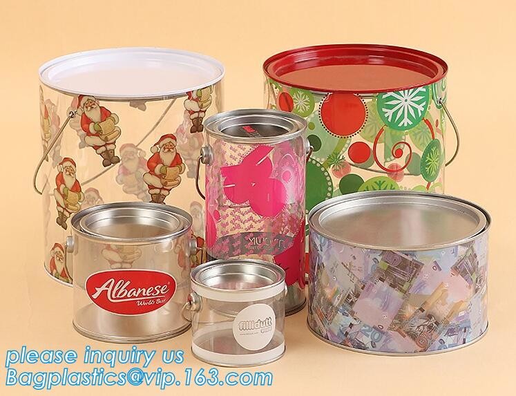 clear PVC PET can for food canning,Customized round clear paint can with tin lid,paint can with tin top & bottom and han